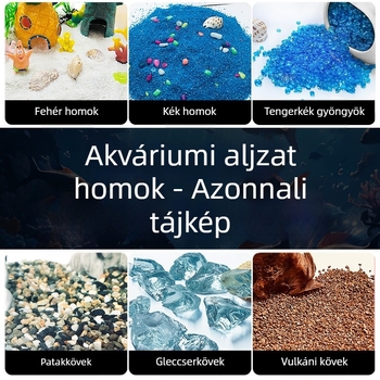 Akváriumos aljzat tájkép készlet: teknősbéka, folyami homok, kék gyöngyök, fehér homok, vulkanikus kő, patak- és gleccserkő, kék homok használatra kész