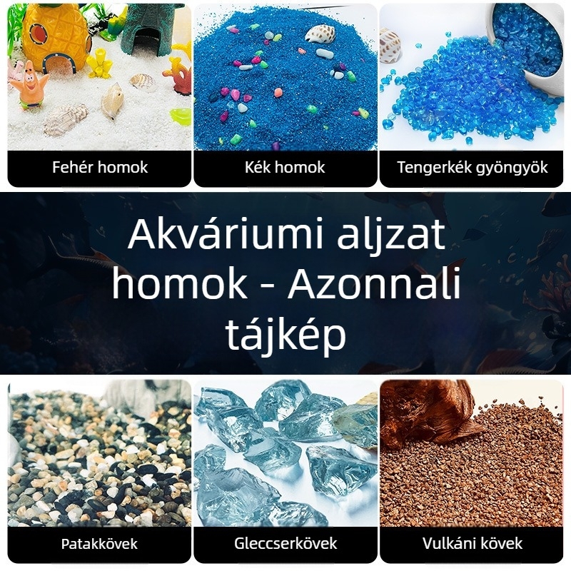 Akváriumos aljzat tájkép készlet: teknősbéka, folyami homok, kék gyöngyök, fehér homok, vulkanikus kő, patak- és gleccserkő, kék homok használatra kész