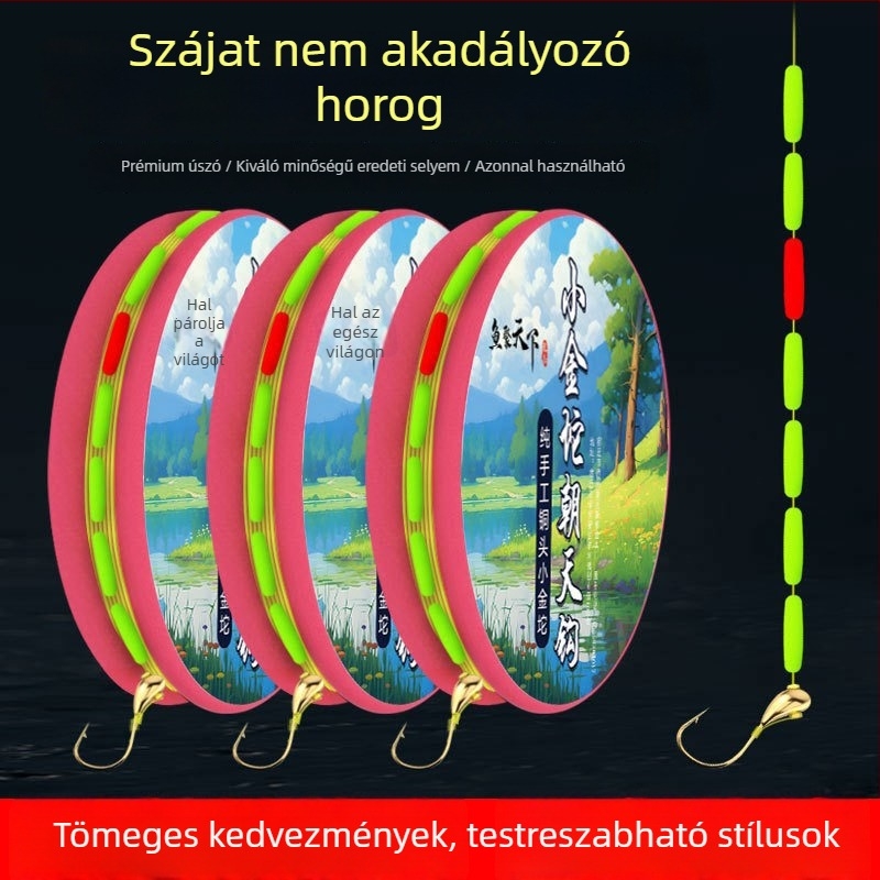 Tradicionális hétcsillagos úszó, kis aranysúlyú süllyedő, felfelé álló horoggal és damilkészlettel, fő damillal vadvízi horgászathoz — készen használatra