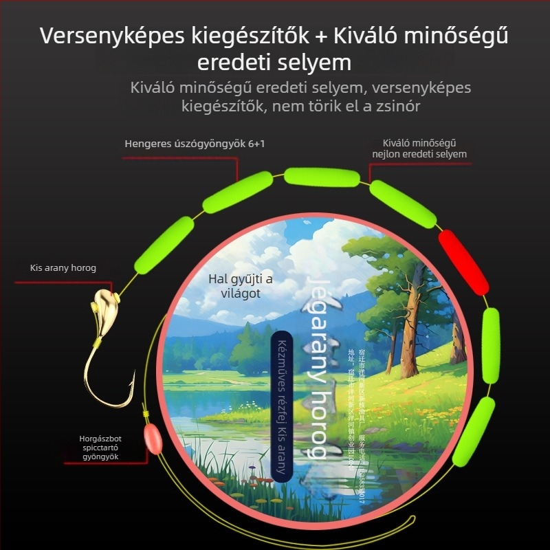 Tradicionális hétcsillagos úszó, kis aranysúlyú süllyedő, felfelé álló horoggal és damilkészlettel, fő damillal vadvízi horgászathoz — készen használatra