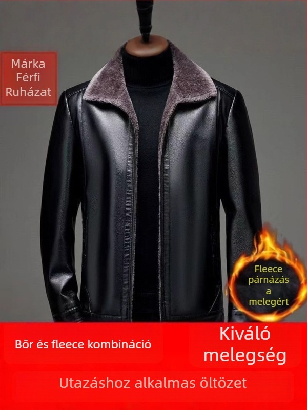 Férfi PU bőrdzseki reveres gallérral, cipzárral, laza szabás, oldalzsebek