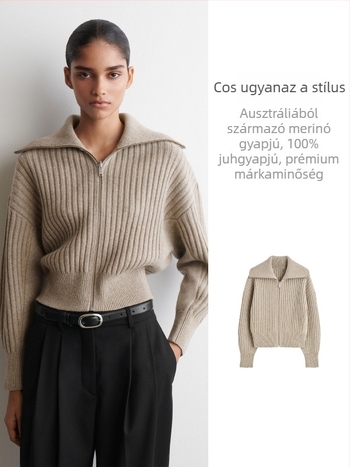95% gyapjú kardigán, vastag, fél magas gallér, cipzár, hosszú ujjú