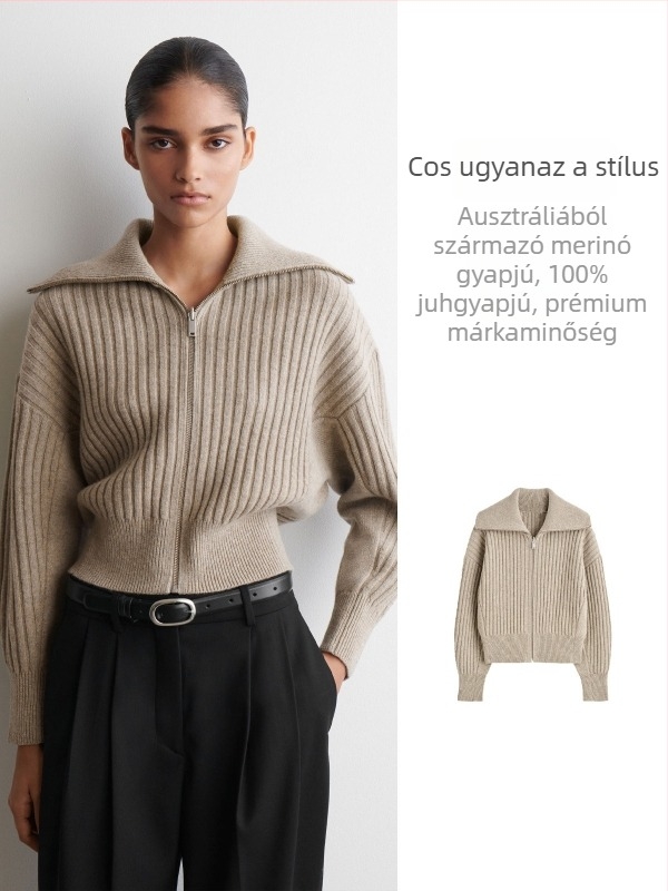 95% gyapjú kardigán, vastag, fél magas gallér, cipzár, hosszú ujjú