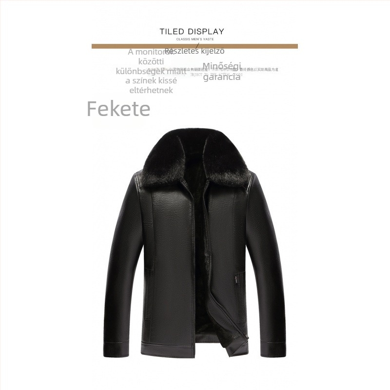 Férfi PU bőrdzseki fleece-béléssel és szőrme gallérral téli viselet