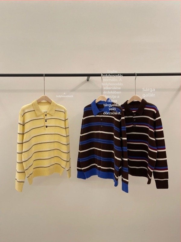 Miumiu 100% gyapjú pulóver polo nyakkal, kötött, hosszú ujjú, csíkos minta, koreai stílus, M6605