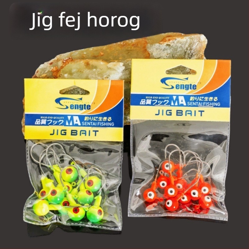 Színes ólomfejes jighorog puha csalikhoz, két szemű, tövises, méret 16, készlet 10 db.