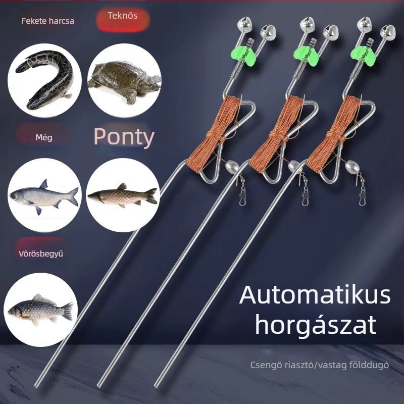 Automata rugós horgászbot földön rögzített tartóval és vonószettel teknősbékák és fekete hal számára
