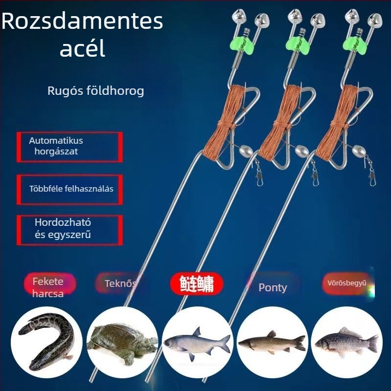 Automata rugós horgászbot földön rögzített tartóval és vonószettel teknősbékák és fekete hal számára
