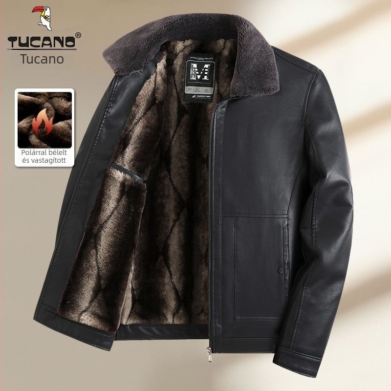 Woodpecker férfi PU bőrdzseki szőrme gallérral, ősz-tél, fleece bélés, cipzáras zárás