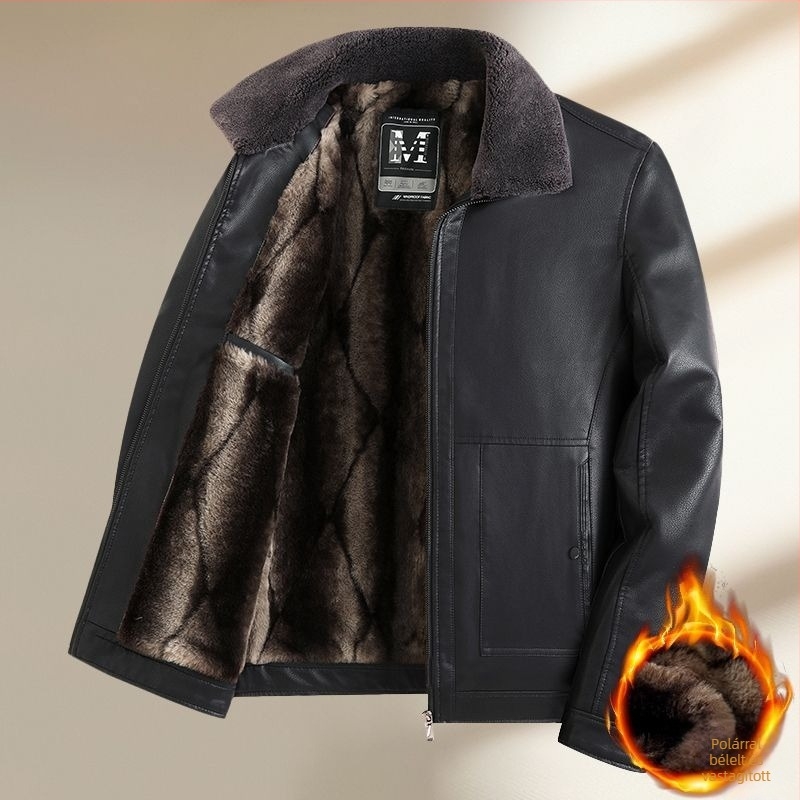 Woodpecker férfi PU bőrdzseki szőrme gallérral, ősz-tél, fleece bélés, cipzáras zárás