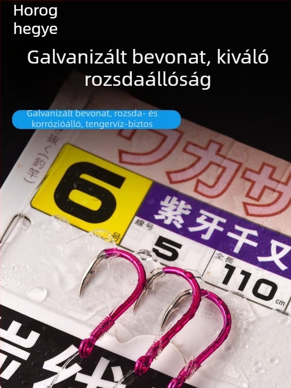 Szétválasztható T-kötésű karbon damil, rig három horoggal és lila Chinu horogok