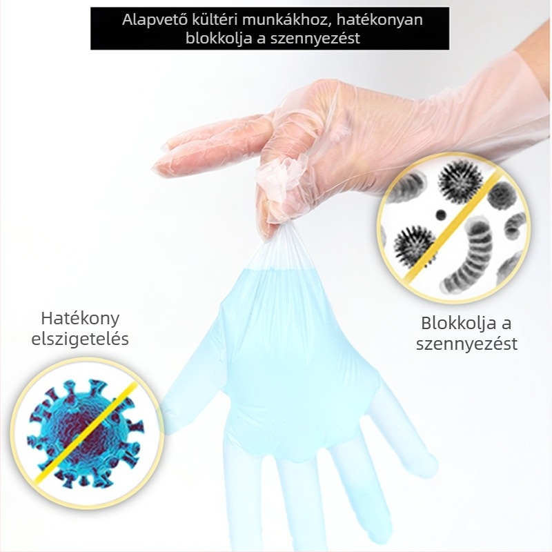 Egyszer használatos kesztyű PVC/TPE/Nitril, átlátszó, vízálló, <0,05 mm vastagság, 100 darabos csomag, testreszabható nyomtatás