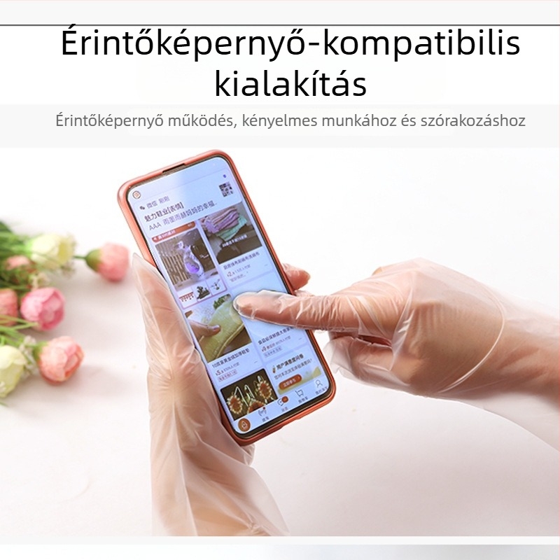 Egyszer használatos kesztyű PVC/TPE/Nitril, átlátszó, vízálló, <0,05 mm vastagság, 100 darabos csomag, testreszabható nyomtatás