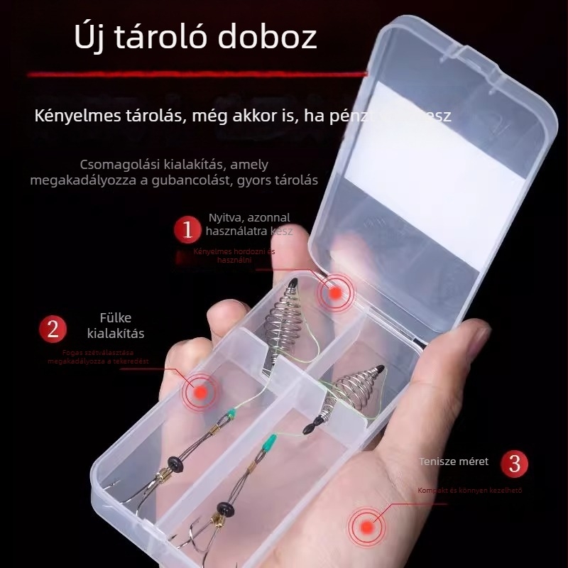 Új tároló doboz pontyhorgászathoz: acélsodrony, kész fonott zsinór, előkötött alhurok, dupla horog, nyolcas horog, háromágú és négyágú horog
