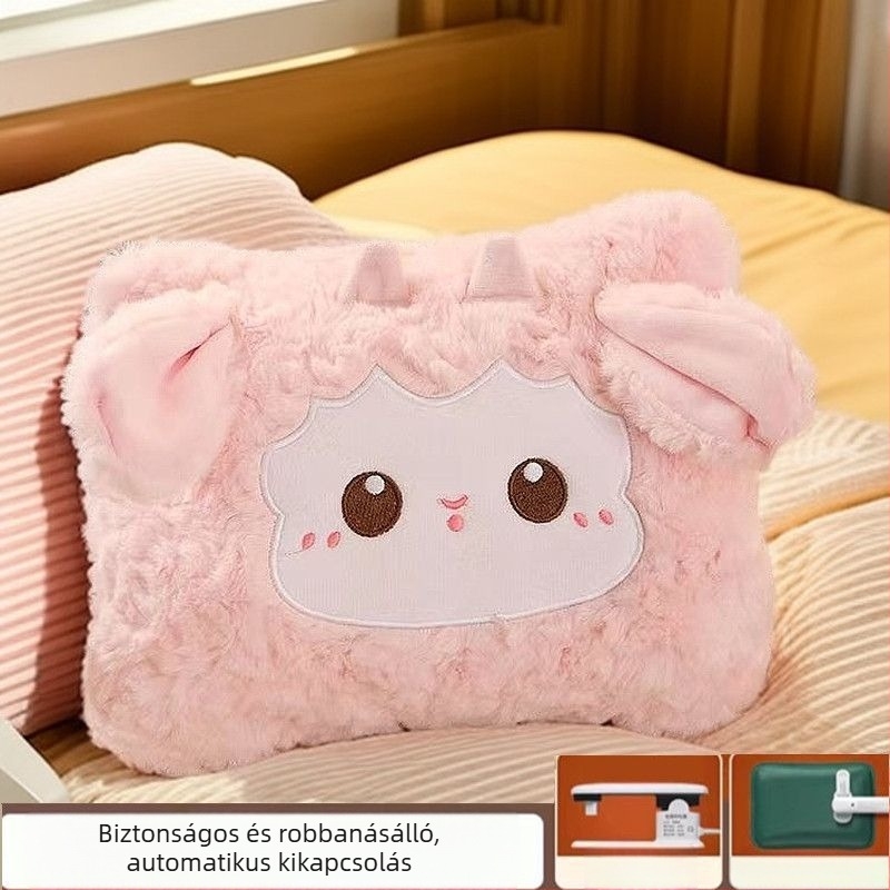 Újrat tölthető robbanásbiztos forróvíz-palack plüss külsővel, kézmelegítő és hasmelegítő funkcióval, flanel anyaggal