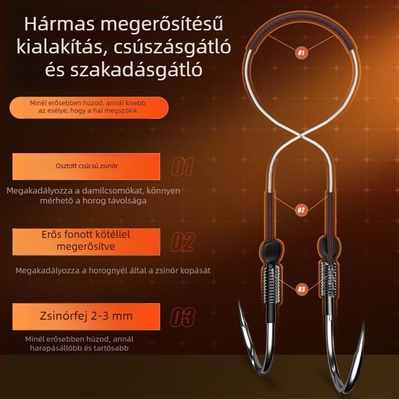 Nagyhalakhoz tervezett megerősített dupla horog éles tüskékkel