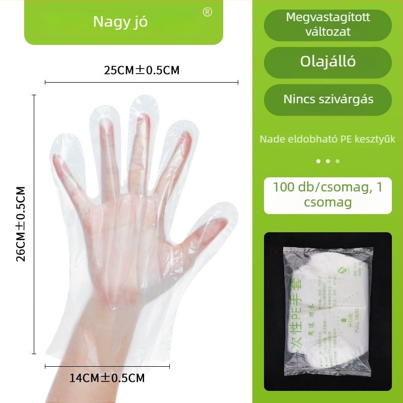 Egyszerhasználatos kesztyűk, élelmiszer-minőségű, műanyag, átlátszó, vastagság 0.4–1.2, porvédő