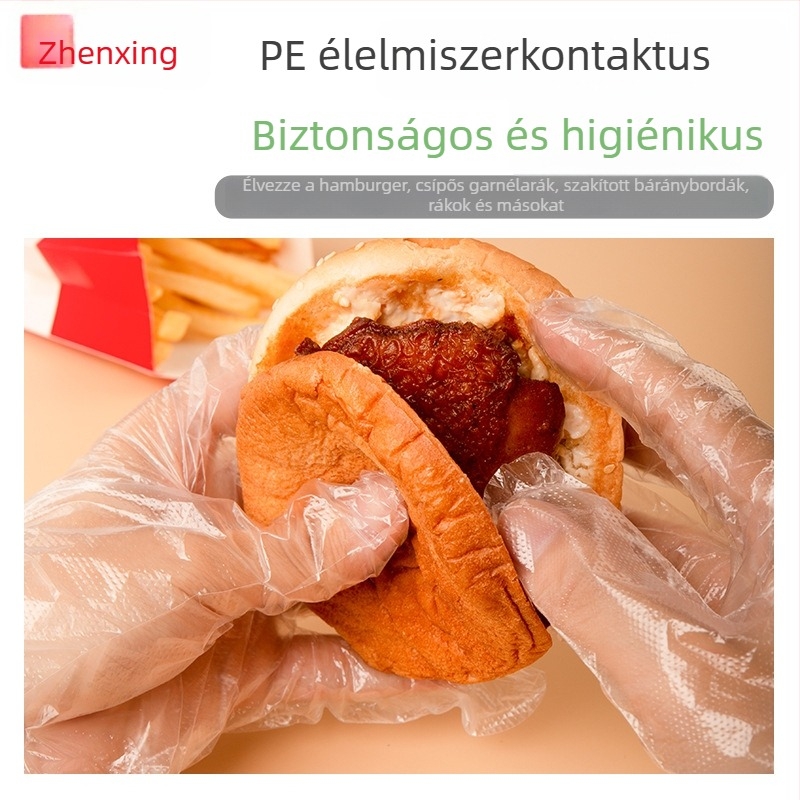 Egyszer használatos műanyag kesztyűk, élelmiszer-minőségű, csúszásmentes, átlátszó, konyhai használatra és élelmiszer-kezeléshez