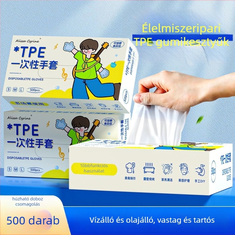 Egyszer használatos TPE kesztyűk, élelmiszer-biztonsági minőségű, vízálló és olajálló, vastagság 0,05–0,1 mm, dobozos csomagolás