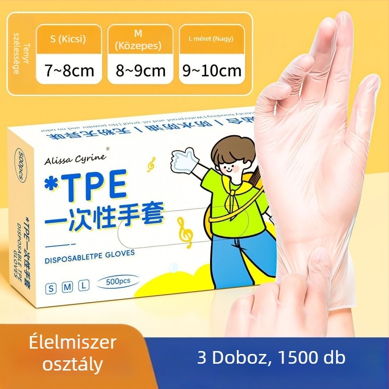 Egyszer használatos TPE kesztyűk, élelmiszer-biztonsági minőségű, vízálló és olajálló, vastagság 0,05–0,1 mm, dobozos csomagolás