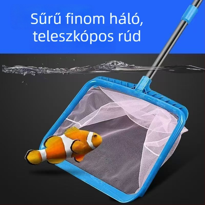 Rozsdamentes acélból készült gyermekeknek szánt négyszögletes halastó háló teleszkópos bottal, kód 00201, súly 300 g, akvarisztikai felszerelés