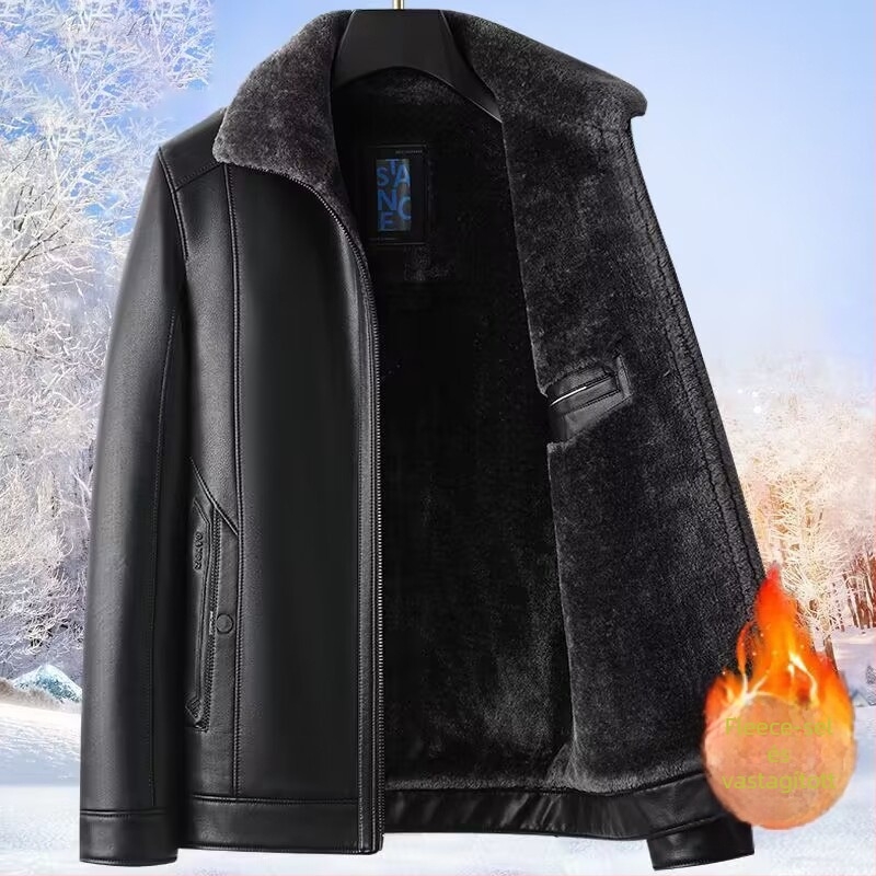 PU bőrkabát középkorú férfiaknak, fleece béléses, téli külsőruha, cipzárral, középméretű hosszúságú