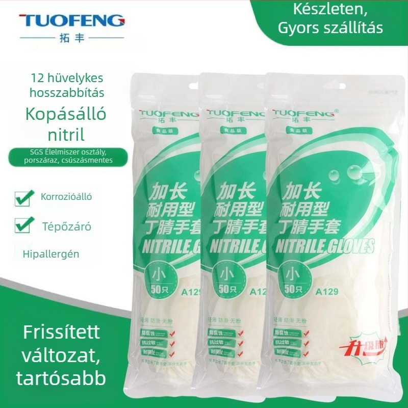 Nitril egyszer használatos kesztyűk, hosszított és vastított kivitelben, csúszásmentes, élelmiszerbiztonságú
