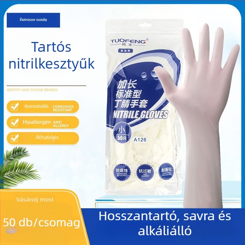 Nitril egyszer használatos kesztyűk, hosszított és vastított kivitelben, csúszásmentes, élelmiszerbiztonságú