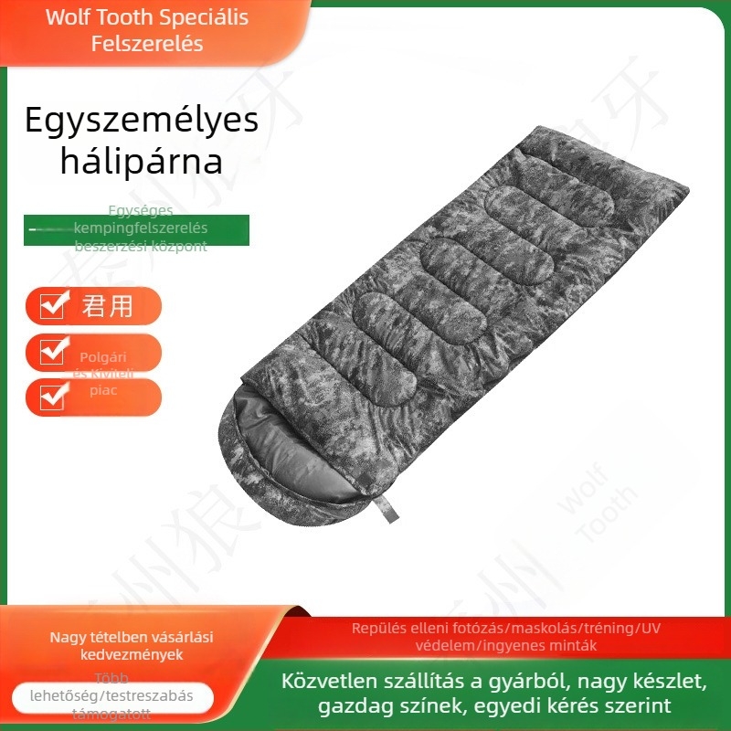 Kamuflázs hálzsák boríték-stílusban, felnőtteknek, vastagabb szigeteléssel, nedvességálló, téli–nyári kettős használat