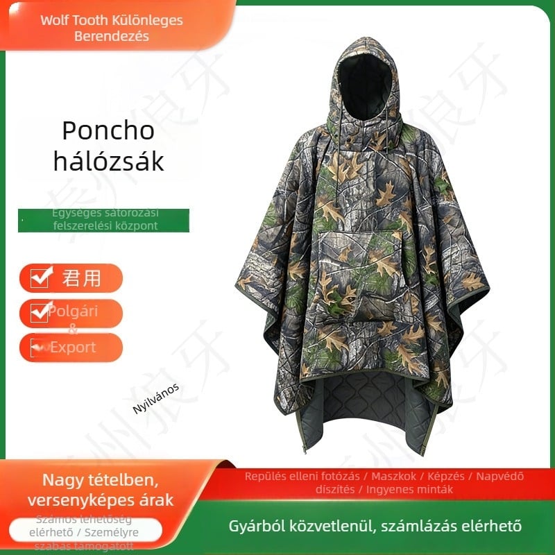 Poncho-stílusú hálózsák, kamuflázs mintával, hordozható és hidegálló szigeteléssel; Szerkezet: Poncho Stílus; Töltet: poliészter-pamut keverék; Anyag: poliészter; Belső: Chunya Spinning; Felnőtteknek