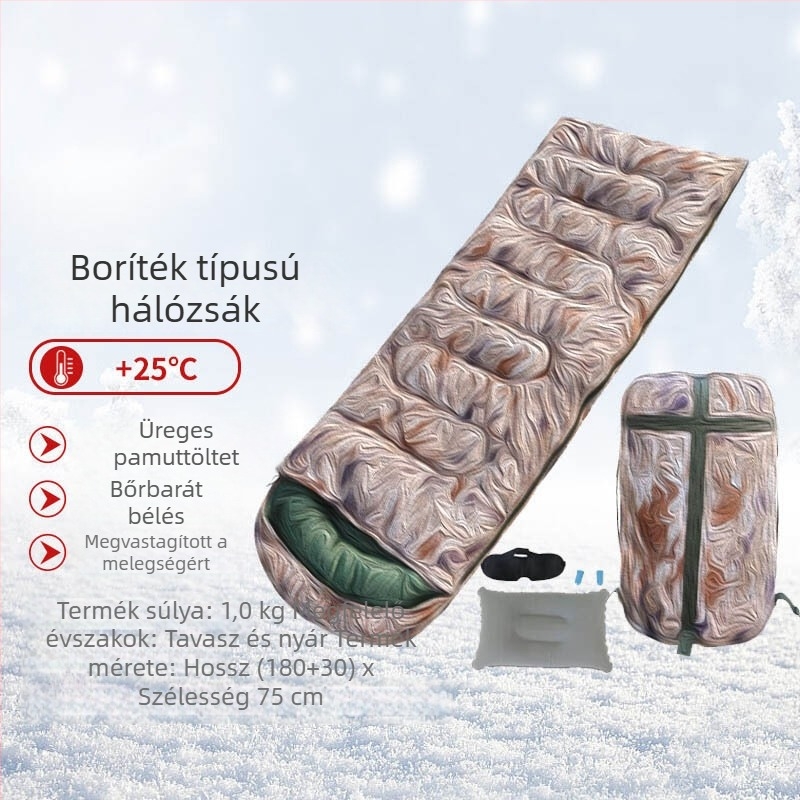 Borítékstílusú kamuflázs hálózsák kültéri túrákra és kempingezésre, hideg elleni vastag bélés, felnőtt méret