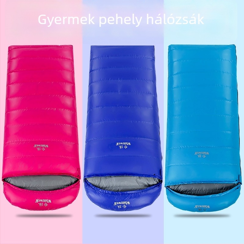 Gyerekeknek szóló pehelytöltésű hálózsák kültéri kempingezéshez, boríték típusú kialakítással, hordozható és meleg