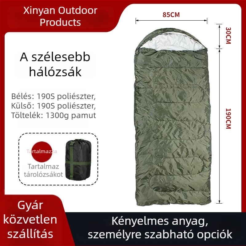 Felnőtteknek szánt boríték-stílusú hálózsák – pamut töltet, 190 pongee bélés, 190 poliészter-selyem négyszögletes anyag, boríték-stílus, 1,3 kg