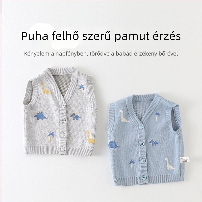 Gyermekeknek szóló kötött mellény dinosaurus mintával, 98,5% pamut, egy gombos zárás, 1–3 éves korosztály számára