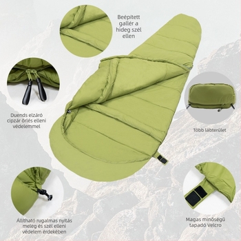 Felnőtt számára készült múmia-stílusú alvózsák téli vízálló hőszigeteléssel, töltet: üreges pamut, bélés: nylon, anyag: nylon, súly: 1,5 kg, ideális kempingezéshez és hegymászáshoz