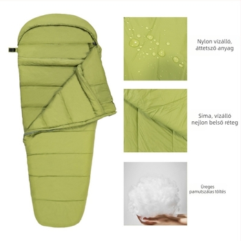 Felnőtt számára készült múmia-stílusú alvózsák téli vízálló hőszigeteléssel, töltet: üreges pamut, bélés: nylon, anyag: nylon, súly: 1,5 kg, ideális kempingezéshez és hegymászáshoz