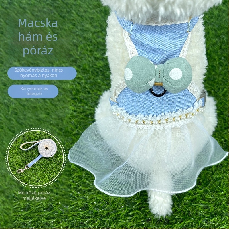 Macska hám és póráz, menekülés elleni mell- és vállrész, aranyos csipke masnival a kültéri sétákhoz