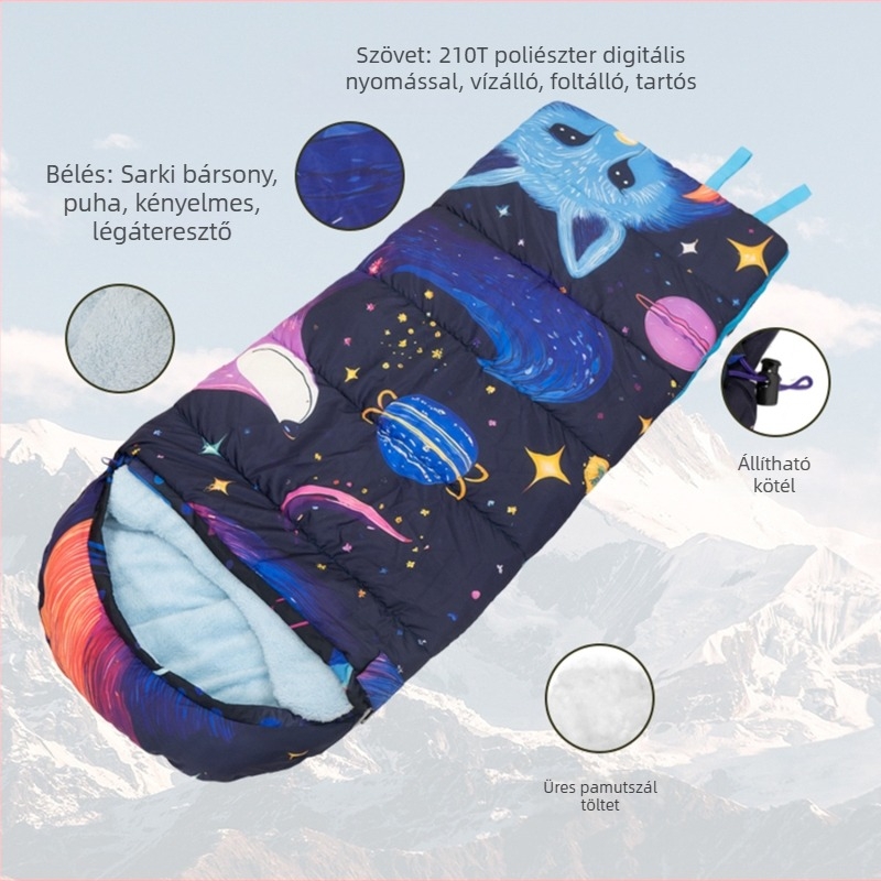 Gyerekeknek szóló kempinges alvózsák üreges pamut töltettel, Arctic fleece bélés, boríték-stílusú dizájn