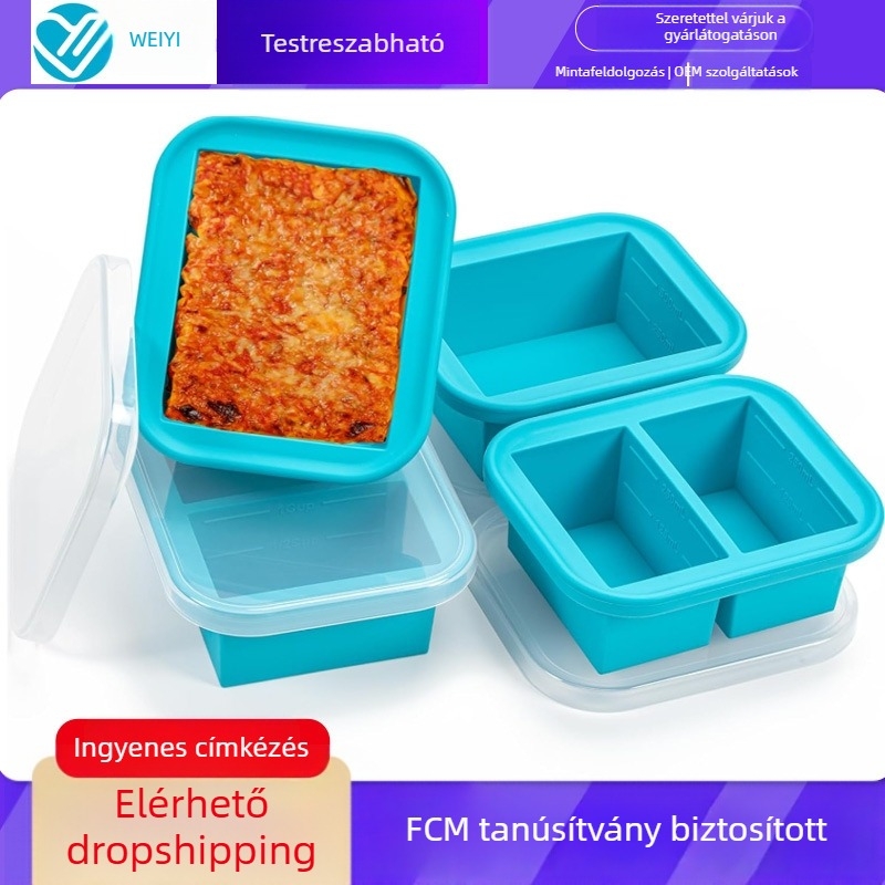 Szilikonból készült leveses doboz fedővel, négyzet alakú, 500 ml, 1–2 rekesz, élelmiszer-tárolásra, kompatibilis fagyasztó és mikrohullámú sütővel