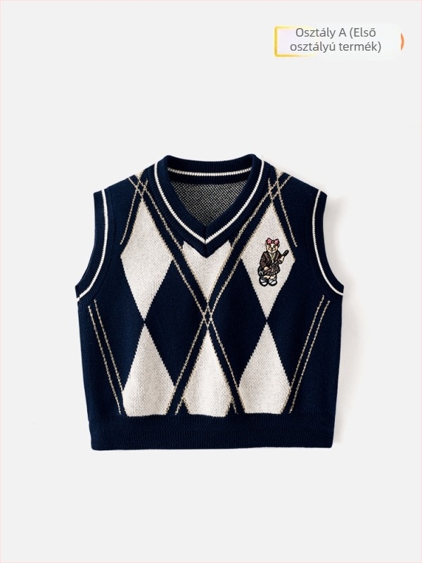 Gyerekek V-nyakú kötött mellény — 93,5% pamut, preppy stílus, rajzfilm mintával, 8+ év, téli-tavaszi-őszi