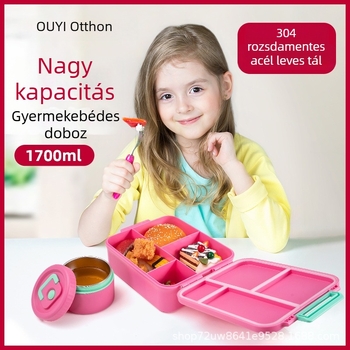 Ebédes doboz négy rekesszel és fedővel – négyzet alakú műanyag, mikrohullámú sütőben használható, 1–2 L kapacitás, melegen tartja, diákok számára
