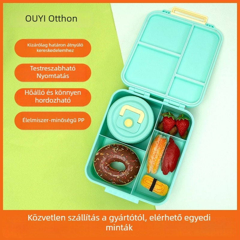 Ebédes doboz négy rekesszel és fedővel – négyzet alakú műanyag, mikrohullámú sütőben használható, 1–2 L kapacitás, melegen tartja, diákok számára