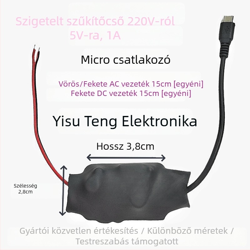 Kamerához való kapcsolóüzemű tápegység, kimenet 5V, 5–10W, bemenet 100–240V AC, 96% hatékonyság, izolált hőszorító cső védelem