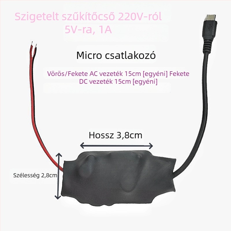 Kamerához való kapcsolóüzemű tápegység, kimenet 5V, 5–10W, bemenet 100–240V AC, 96% hatékonyság, izolált hőszorító cső védelem