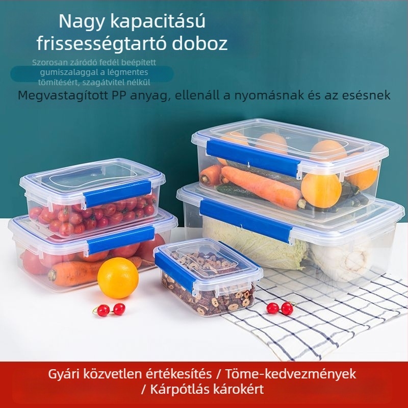 Átlátszó műanyag tárolóedény, téglalap alakú, hűtőszekrényhez, zárható, élelmiszer-minőségű, fedéllel