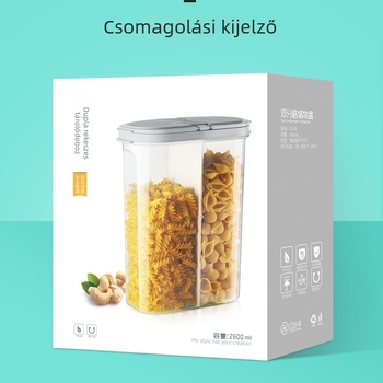 Átlátszó téglalap alakú gabonatároló dupla rekesz, légmentesen záródó műanyag konyhai tároló