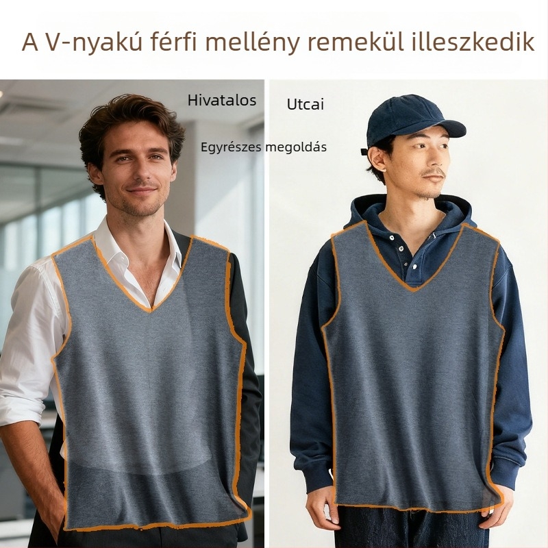 Férfi melegítő mellény gyapjúból és valódi selyemből, testhez álló velúrhatású mellény, fleece-béléssel ellátott alapszövet, V-nyakú felső, vastag tevehullámos gyapjú alsóruha