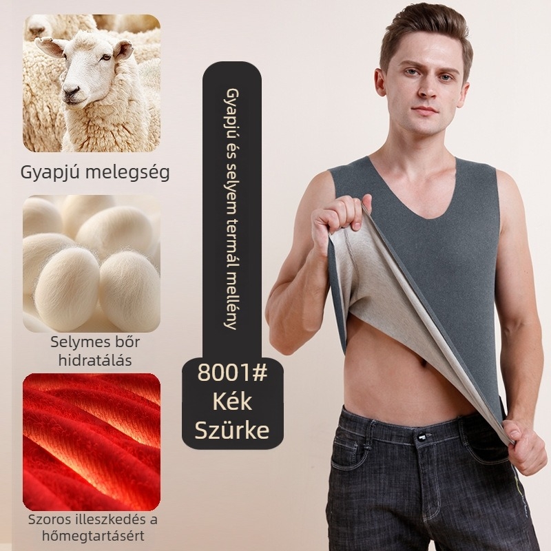 Férfi melegítő mellény gyapjúból és valódi selyemből, testhez álló velúrhatású mellény, fleece-béléssel ellátott alapszövet, V-nyakú felső, vastag tevehullámos gyapjú alsóruha