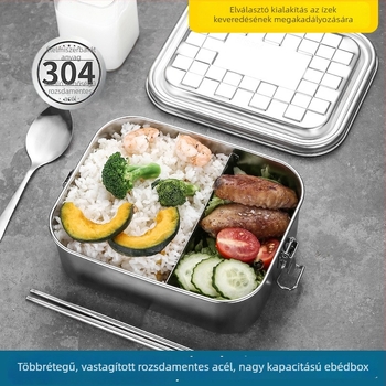 Háromrétegű ételhordó 304 rozsdamentes acélból, téglalap alakú, kapacitás 1–2 L, melegen tart