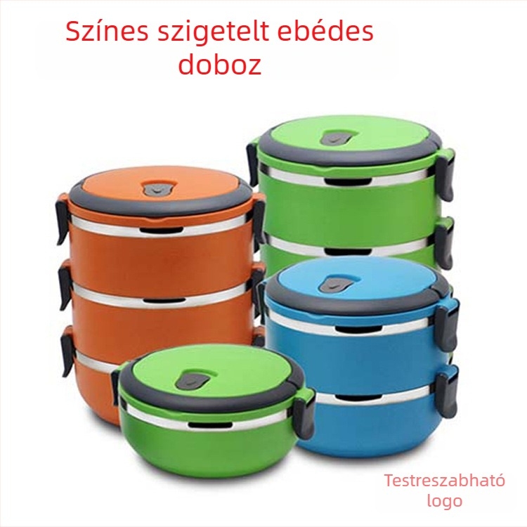 Rozsdamentes acél ebédes doboz, szigetelt, kerek alakú, 301–500 ml, három-négy rétegű kialakítás, mikrohullámú sütőbe nem alkalmas, logónyomtatás és testreszabás